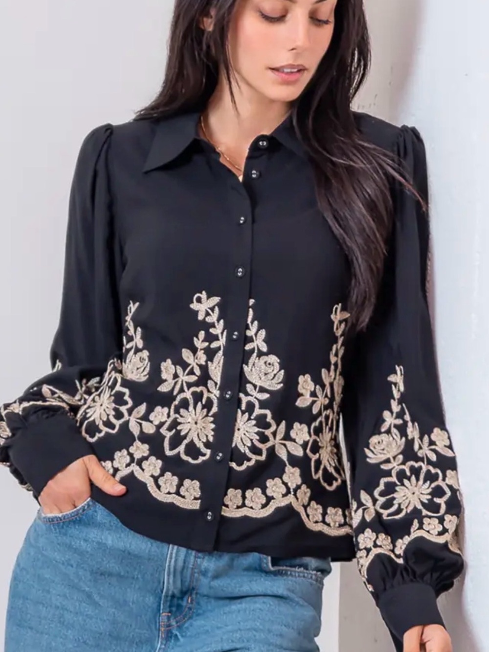 Embroidered Black Button-Front Blouse with Gold Floral Detail